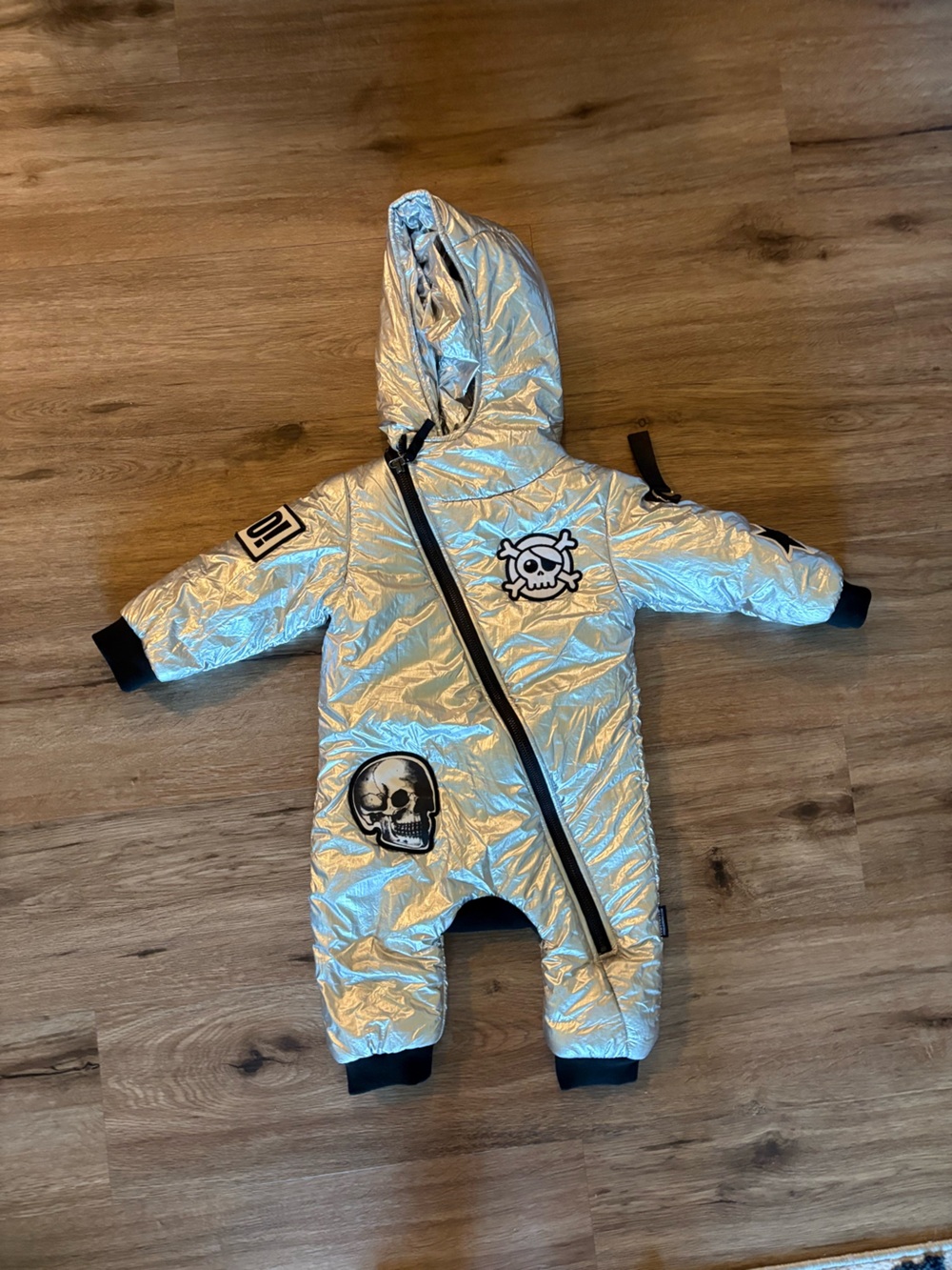 nununu Metallic Silver Puffer Jacket with Neon Accent
